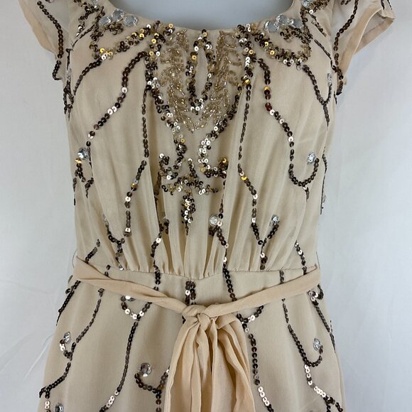 Shail K. Romper 2 Cream Brown Sequin Rhinestones Lined Short Sleeve Tie Waist - Picture 4 of 14